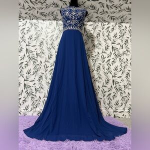 Stunning Handmade Beaded Royal Blue A Line Maxi Dress Gown Prom Formal Size S